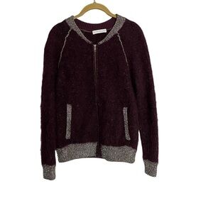 White + Warren Burgundy Soft Metallic Trim Zip Up Cardigan Small